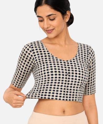 Blue printed inner cotton lining side (smocked) stretchable top readymade saree blouse 3