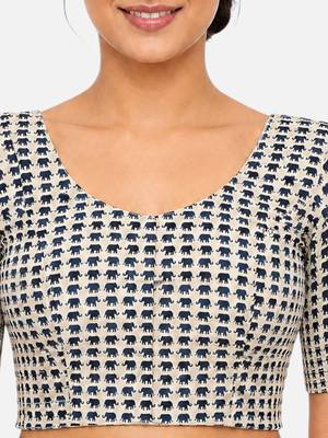 Blue printed inner cotton lining side (smocked) stretchable top readymade saree blouse 4