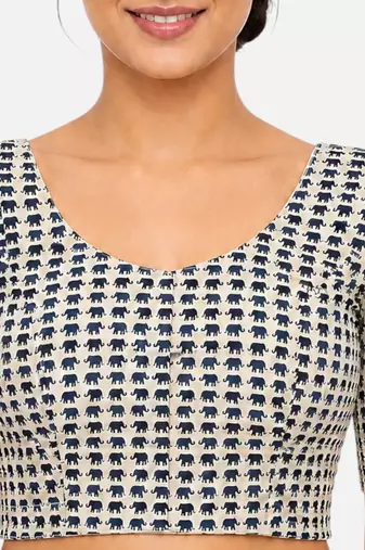 Blue printed inner cotton lining side (smocked) stretchable top readymade saree blouse