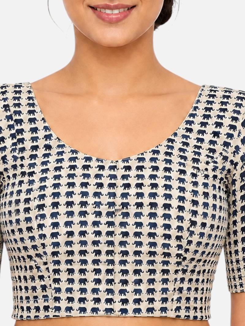Blue printed inner cotton lining side (smocked) stretchable top readymade saree blouse