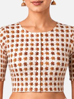 Copper printed inner cotton lining side (smocked) stretchable top readymade saree blouse 4