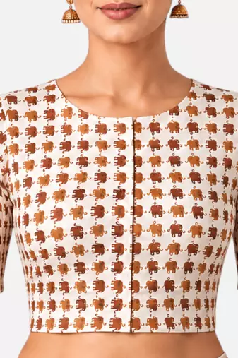 Copper printed inner cotton lining side (smocked) stretchable top readymade saree blouse