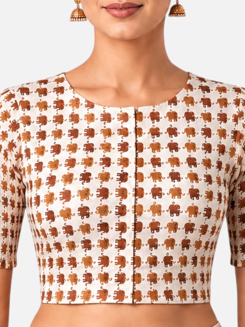 Copper printed inner cotton lining side (smocked) stretchable top readymade saree blouse
