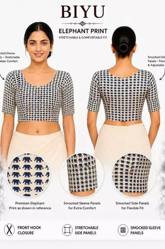 Blue printed inner cotton lining side (smocked) stretchable top readymade saree blouse