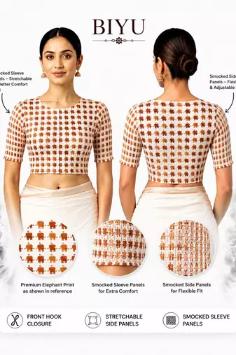 Copper printed inner cotton lining side (smocked) stretchable top readymade saree blouse