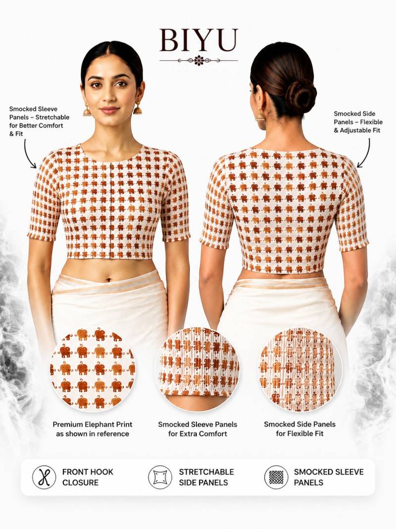Copper printed inner cotton lining side (smocked) stretchable top readymade saree blouse