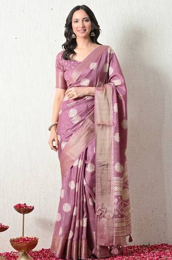 Women's pink block print cotton silk blend saree with unstitched piece
