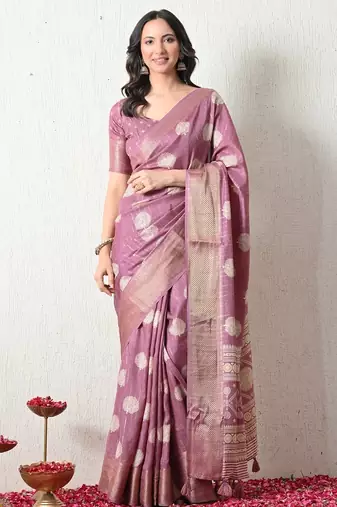 Women's pink block print cotton silk blend saree with unstitched piece