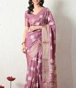 Women's pink block print cotton silk blend saree with unstitched piece
