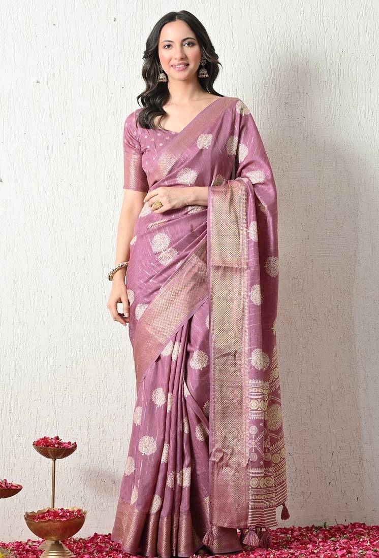 Women's pink block print cotton silk blend saree with unstitched piece
