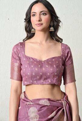 Women's pink block print cotton silk blend saree with unstitched piece 2