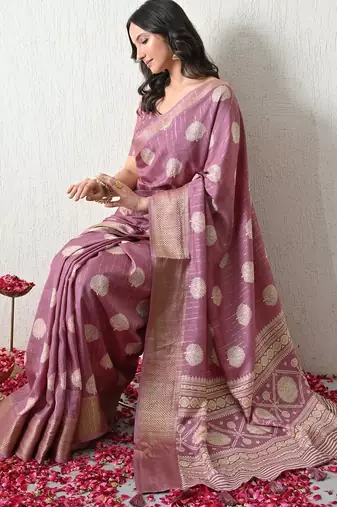 Women's pink block print cotton silk blend saree with unstitched piece