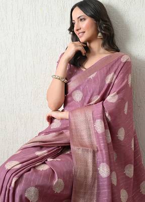 Women's pink block print cotton silk blend saree with unstitched piece 4