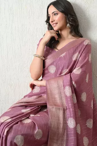 Women's pink block print cotton silk blend saree with unstitched piece