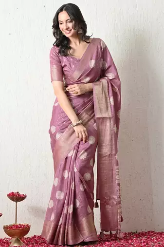 Women's pink block print cotton silk blend saree with unstitched piece