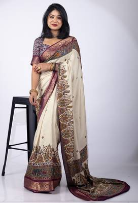 Women's off white kalakmkari print cotton silk blend saree with unstitched piece 1