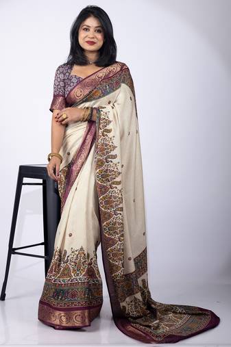 Women's off white kalakmkari print cotton silk blend saree with unstitched piece