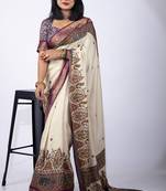 Women's off white kalakmkari print cotton silk blend saree with unstitched piece