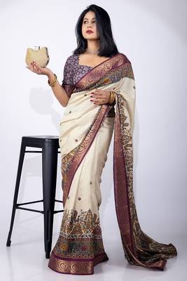 Women's off white kalakmkari print cotton silk blend saree with unstitched piece 2