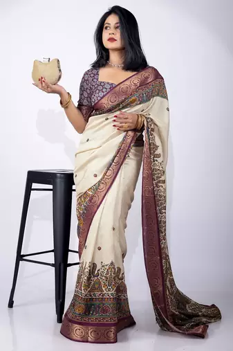 Women's off white kalakmkari print cotton silk blend saree with unstitched piece