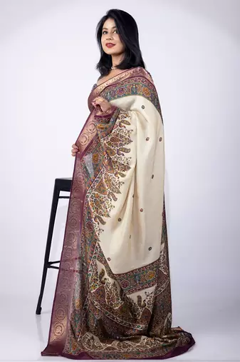 Women's off white kalakmkari print cotton silk blend saree with unstitched piece