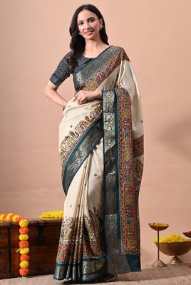 Women's off white kalakmkari print cotton silk blend saree with unstitched piece 1