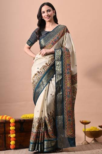 Women's off white kalakmkari print cotton silk blend saree with unstitched piece