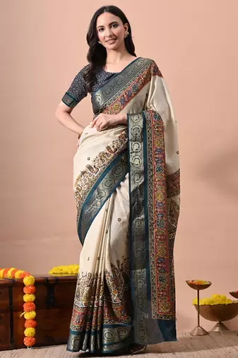 Women's off white kalakmkari print cotton silk blend saree with unstitched piece