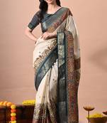 Women's off white kalakmkari print cotton silk blend saree with unstitched piece