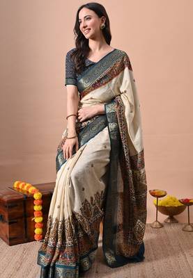 Women's off white kalakmkari print cotton silk blend saree with unstitched piece 2