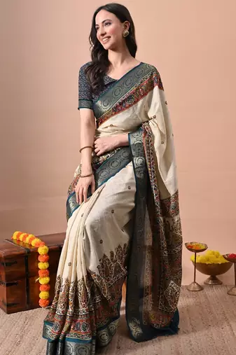 Women's off white kalakmkari print cotton silk blend saree with unstitched piece