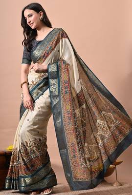 Women's off white kalakmkari print cotton silk blend saree with unstitched piece 3