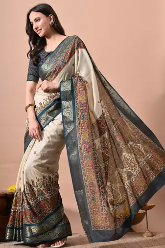 Women's off white kalakmkari print cotton silk blend saree with unstitched piece