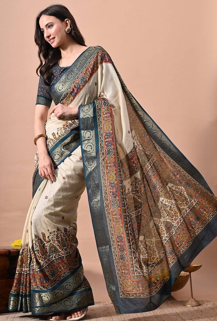 Women's off white kalakmkari print cotton silk blend saree with unstitched piece