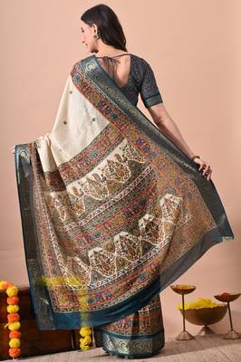 Women's off white kalakmkari print cotton silk blend saree with unstitched piece 4