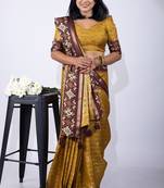 Women's mustard zari woven stripes cotton silk blend saree with unstitched piece