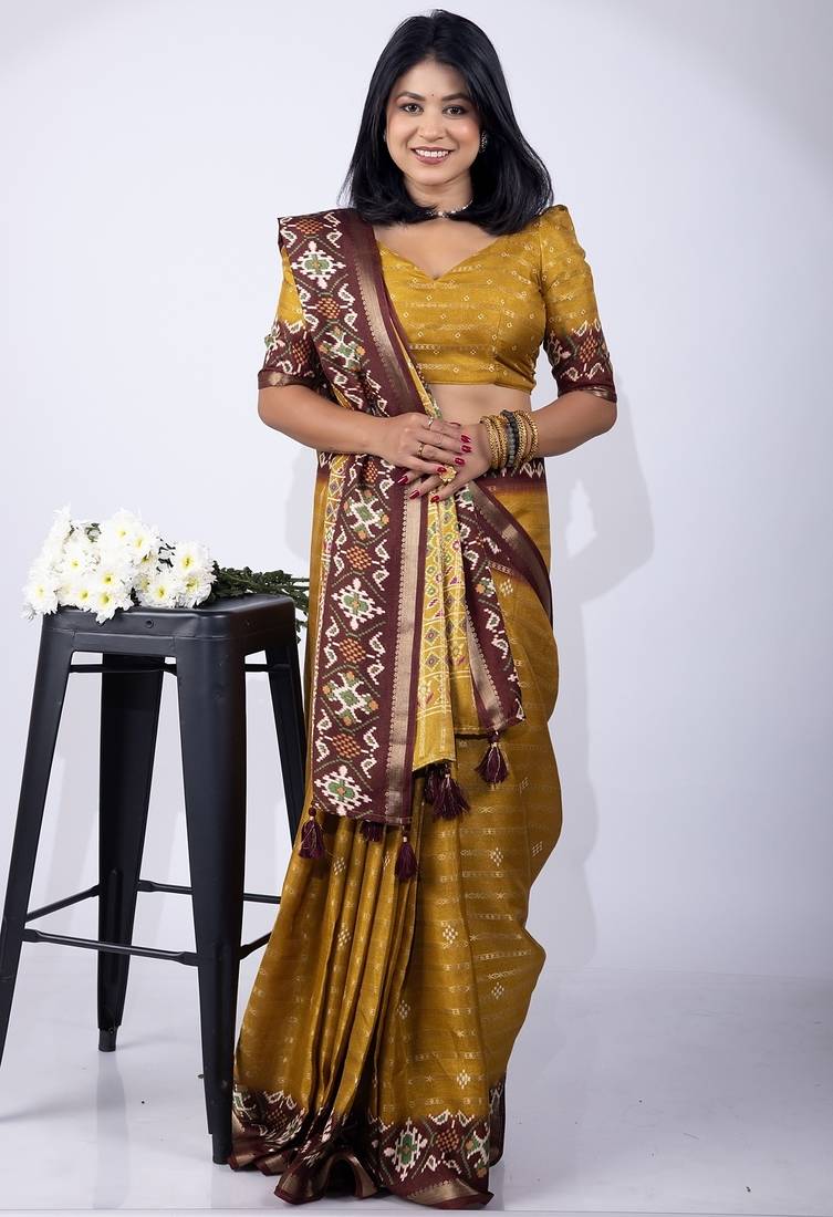 Women's mustard zari woven stripes cotton silk blend saree with unstitched piece