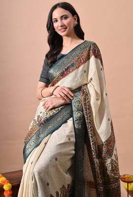 Women's off white kalakmkari print cotton silk blend saree with unstitched piece 5