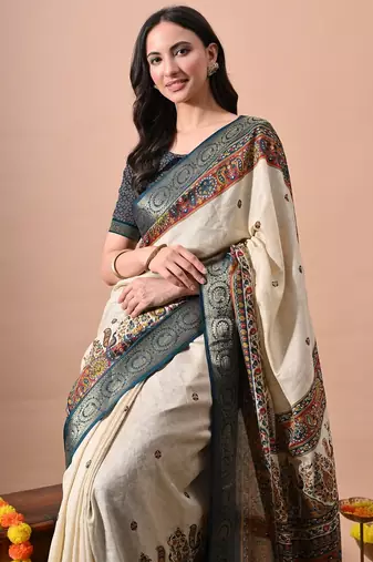 Women's off white kalakmkari print cotton silk blend saree with unstitched piece