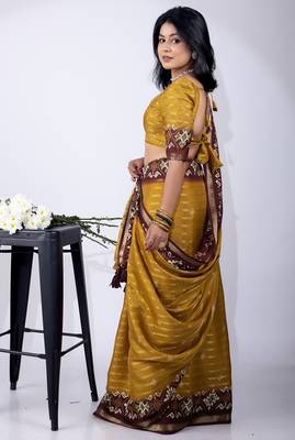 Women's mustard zari woven stripes cotton silk blend saree with unstitched piece 3