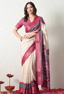 Women's off white ikkat print cotton silk blend saree with unstitched piece 1