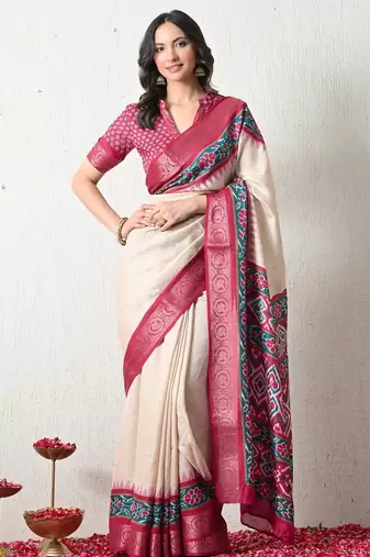 Women's off white ikkat print cotton silk blend saree with unstitched piece