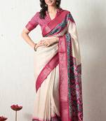 Women's off white ikkat print cotton silk blend saree with unstitched piece