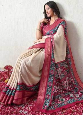 Women's off white ikkat print cotton silk blend saree with unstitched piece 2
