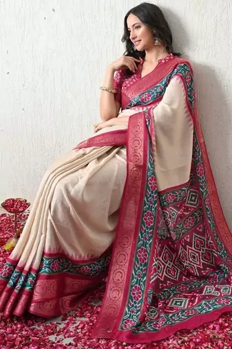 Women's off white ikkat print cotton silk blend saree with unstitched piece