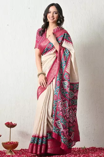 Women's off white ikkat print cotton silk blend saree with unstitched piece