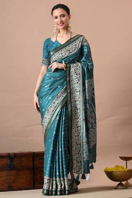 Women's teal zari woven stripes cotton silk blend saree with unstitched piece 1