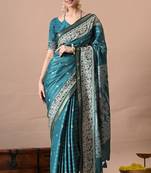 Women's teal zari woven stripes cotton silk blend saree with unstitched piece
