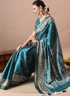 Women's teal zari woven stripes cotton silk blend saree with unstitched piece 2