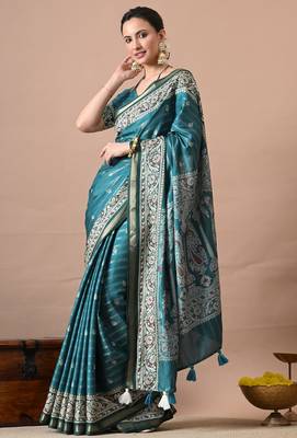 Women's teal zari woven stripes cotton silk blend saree with unstitched piece 3